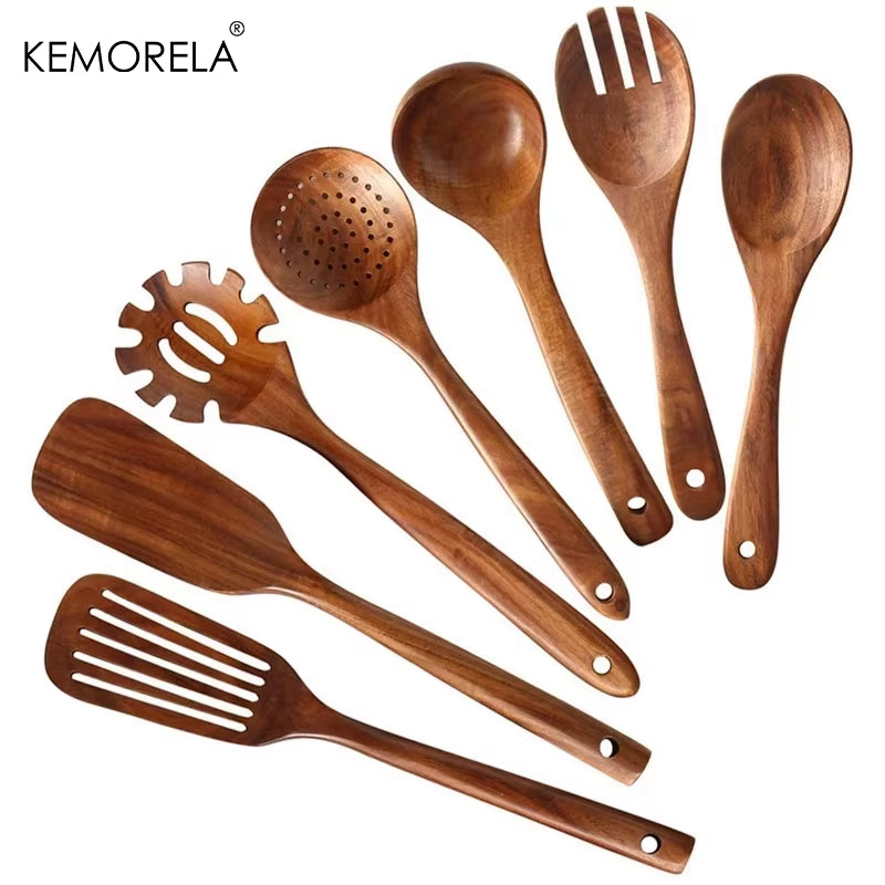 7PCS Thailand Teak Cooking Spoon Natural Wooden Kitchen Tableware Tool Ladle Turner Rice Colander Soup Skimmer Scoop Utensils