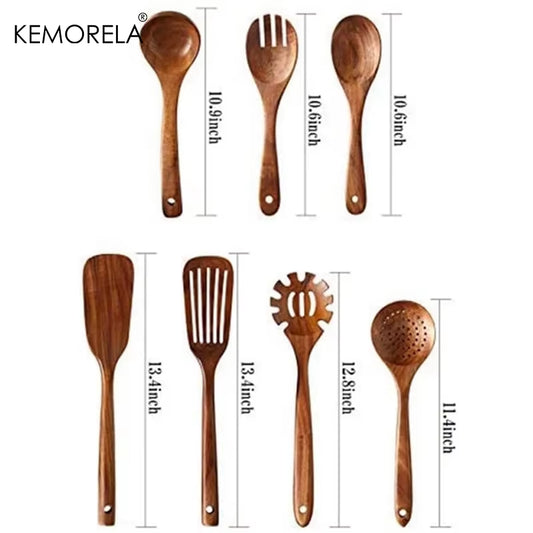7PCS Thailand Teak Cooking Spoon Natural Wooden Kitchen Tableware Tool Ladle Turner Rice Colander Soup Skimmer Scoop Utensils