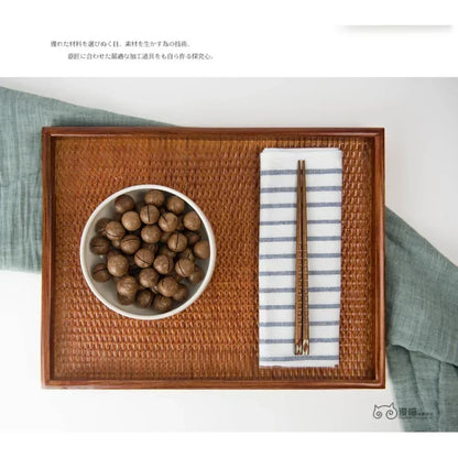 Thai Solid Wood Tray Japanese Rattan Woven Tea Tray, Rectangular Household Hotel Tea Cup, Home Decoration, Retro Bamboo Weaving