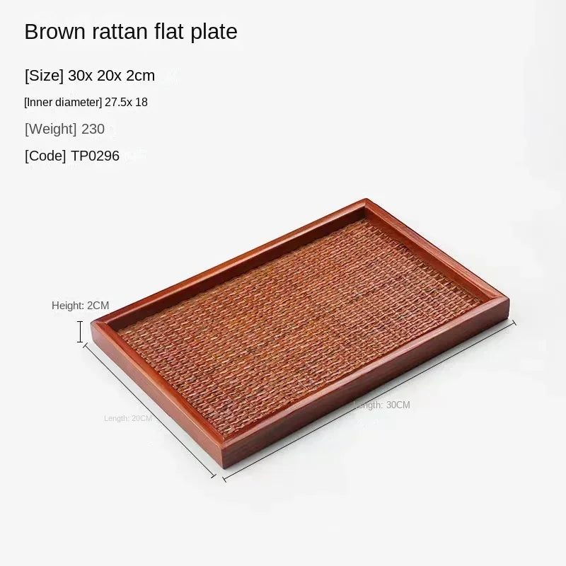 Thai Solid Wood Tray Japanese Rattan Woven Tea Tray, Rectangular Household Hotel Tea Cup, Home Decoration, Retro Bamboo Weaving