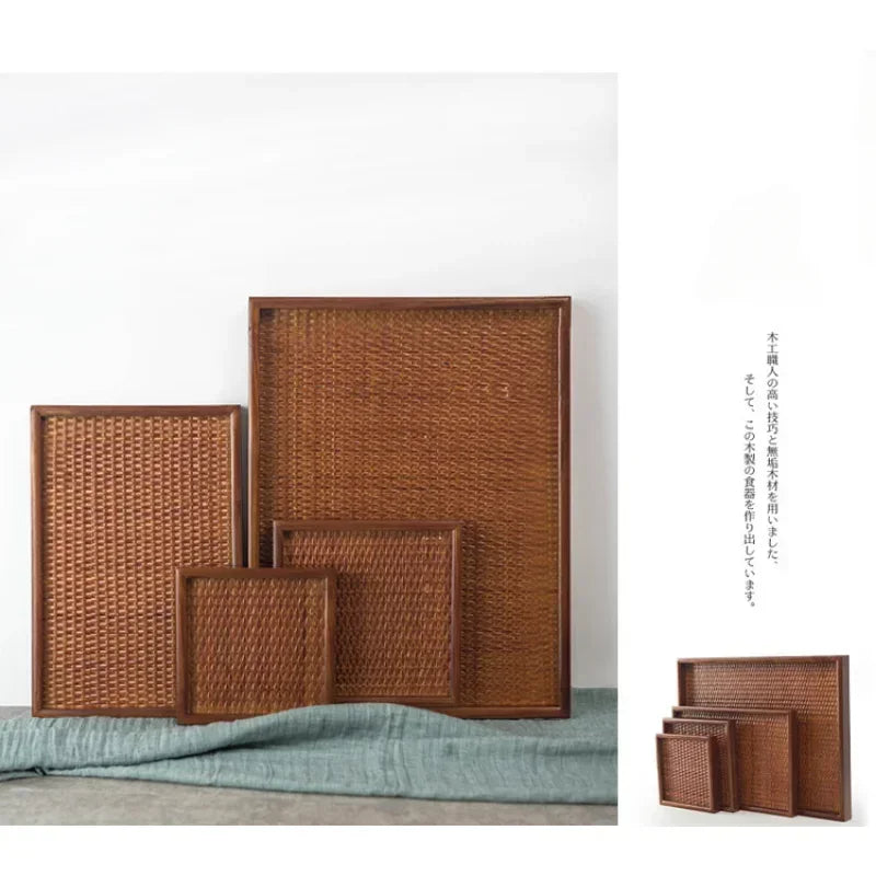 Thai Solid Wood Tray Japanese Rattan Woven Tea Tray, Rectangular Household Hotel Tea Cup, Home Decoration, Retro Bamboo Weaving