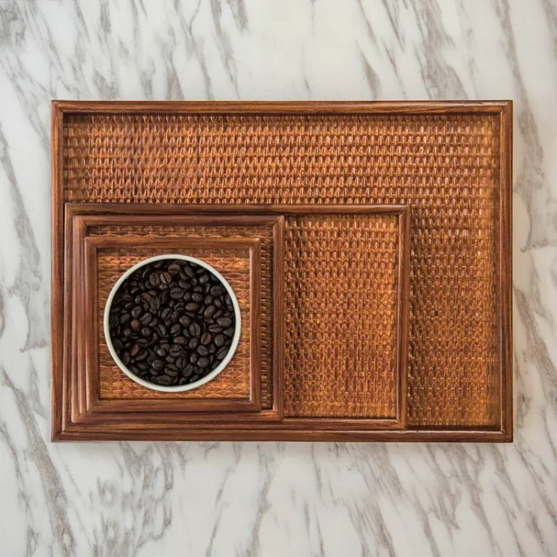 Thai Solid Wood Tray Japanese Rattan Woven Tea Tray, Rectangular Household Hotel Tea Cup, Home Decoration, Retro Bamboo Weaving