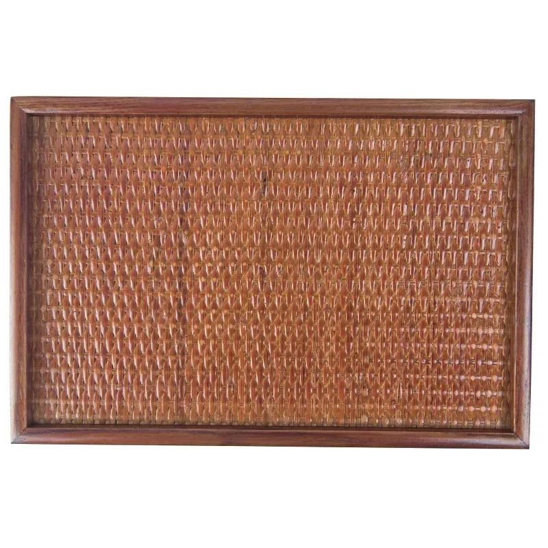 Thai Solid Wood Tray Japanese Rattan Woven Tea Tray, Rectangular Household Hotel Tea Cup, Home Decoration, Retro Bamboo Weaving