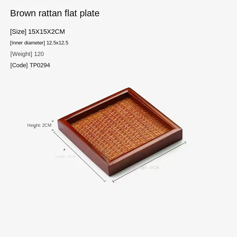 Thai Solid Wood Tray Japanese Rattan Woven Tea Tray, Rectangular Household Hotel Tea Cup, Home Decoration, Retro Bamboo Weaving