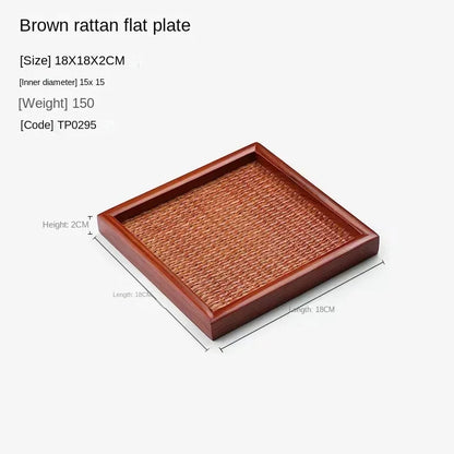 Thai Solid Wood Tray Japanese Rattan Woven Tea Tray, Rectangular Household Hotel Tea Cup, Home Decoration, Retro Bamboo Weaving