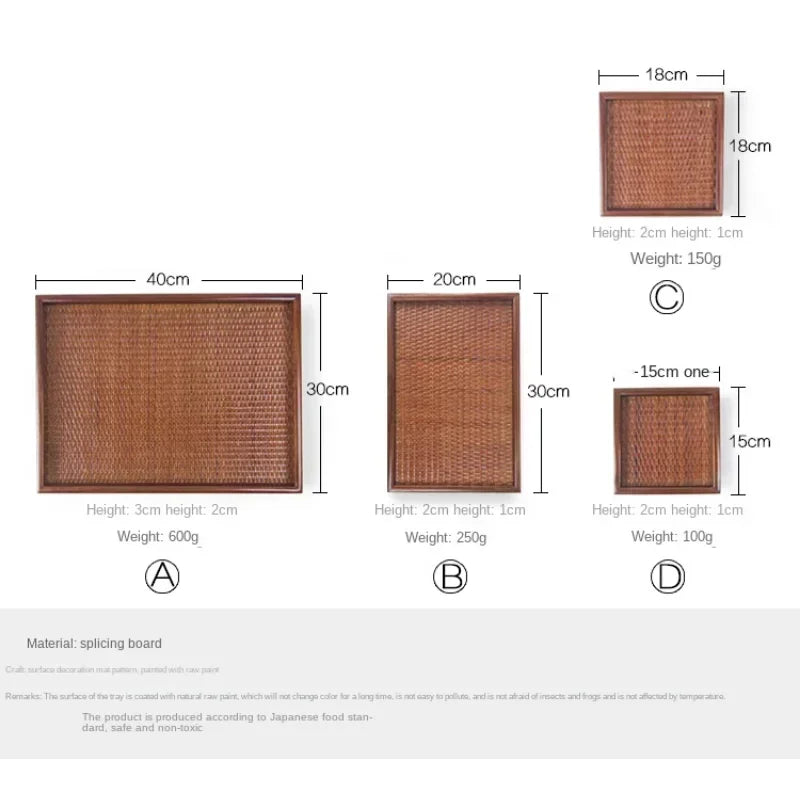 Thai Solid Wood Tray Japanese Rattan Woven Tea Tray, Rectangular Household Hotel Tea Cup, Home Decoration, Retro Bamboo Weaving