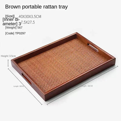 Thai Solid Wood Tray Japanese Rattan Woven Tea Tray, Rectangular Household Hotel Tea Cup, Home Decoration, Retro Bamboo Weaving